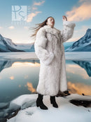 Cream faux-fur long coat with hood and open front, full sleeves, thigh length