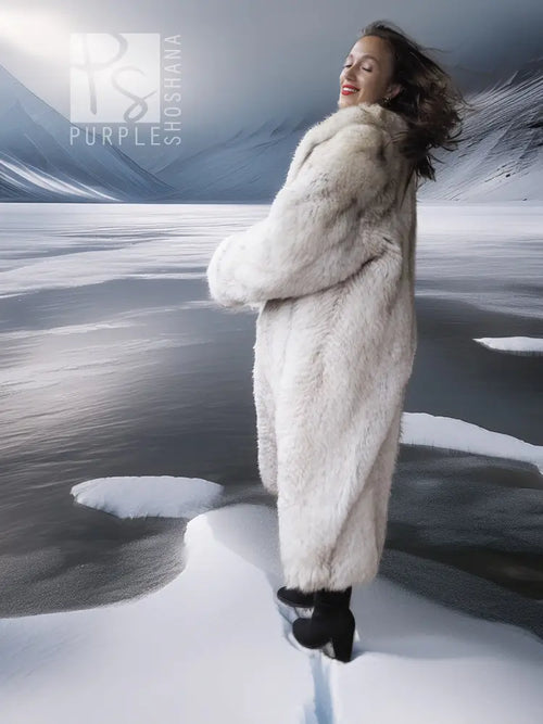 Light cream faux fur long coat, side view with oversized collar and long sleeves