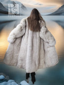 Cream faux-fur long coat with hood, back view with wide sleeves and flared hem