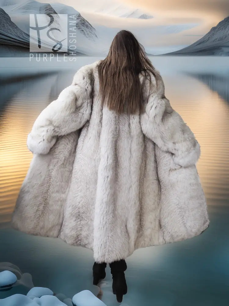 Cream faux-fur long coat with hood, back view with wide sleeves and flared hem