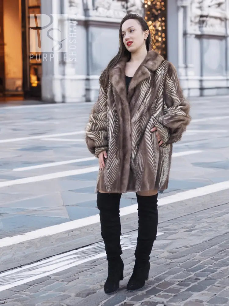 Taupe-brown mink fur jacket with chevron pattern and wide collar, front view