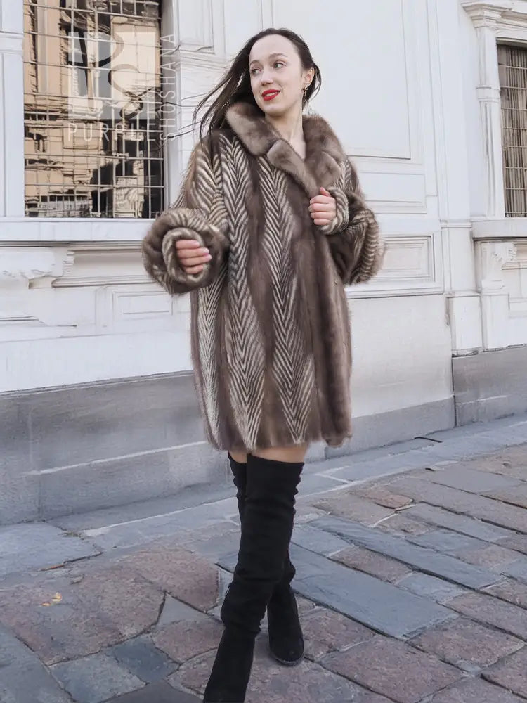 Brown herringbone mink jacket with open front, fur collar, and long sleeves