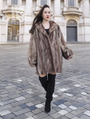Taupe-brown mink fur jacket with chevron herringbone pattern, wide raised collar
