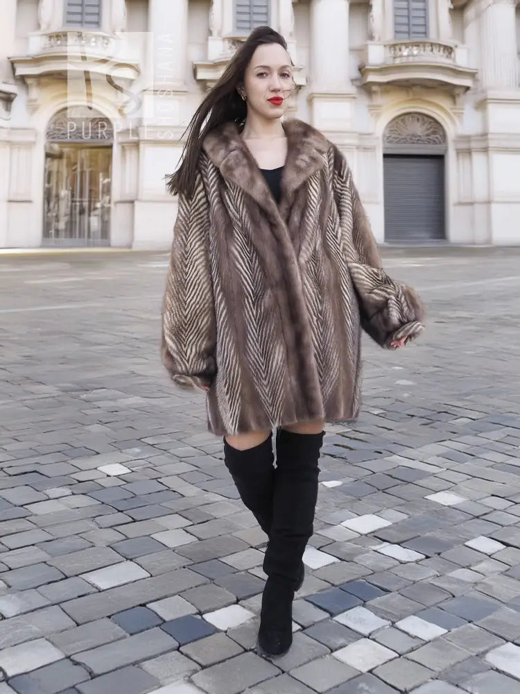 Taupe-brown mink fur jacket with chevron herringbone pattern, wide raised collar