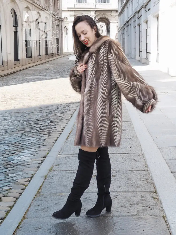 Mink fur jacket with chevron pattern and wide collar, taupe-brown