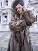 Brown herringbone mink jacket with plush fur trim collar and long cuff sleeves