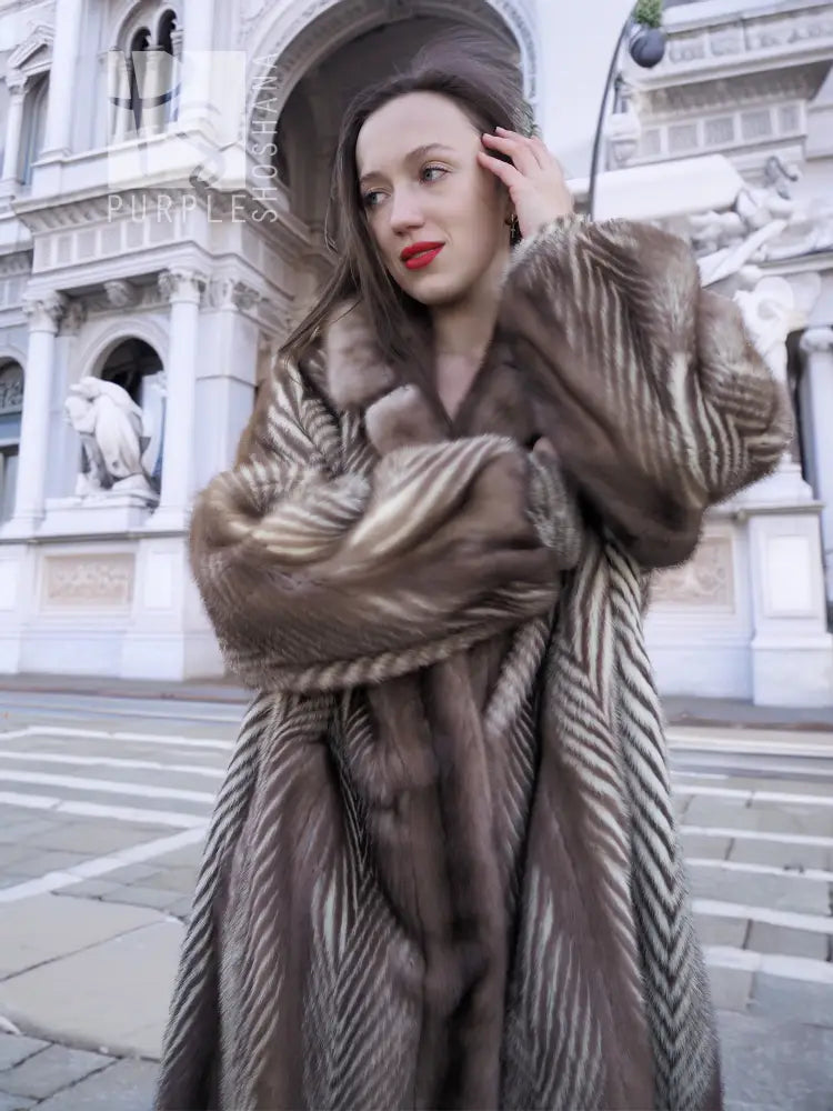 Brown herringbone mink jacket with plush fur trim collar and long cuff sleeves