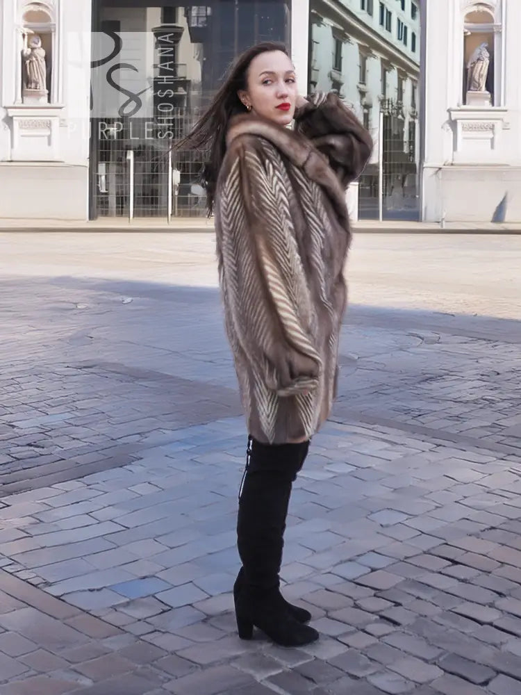 Brown herringbone mink fur jacket with high collar and long sleeves