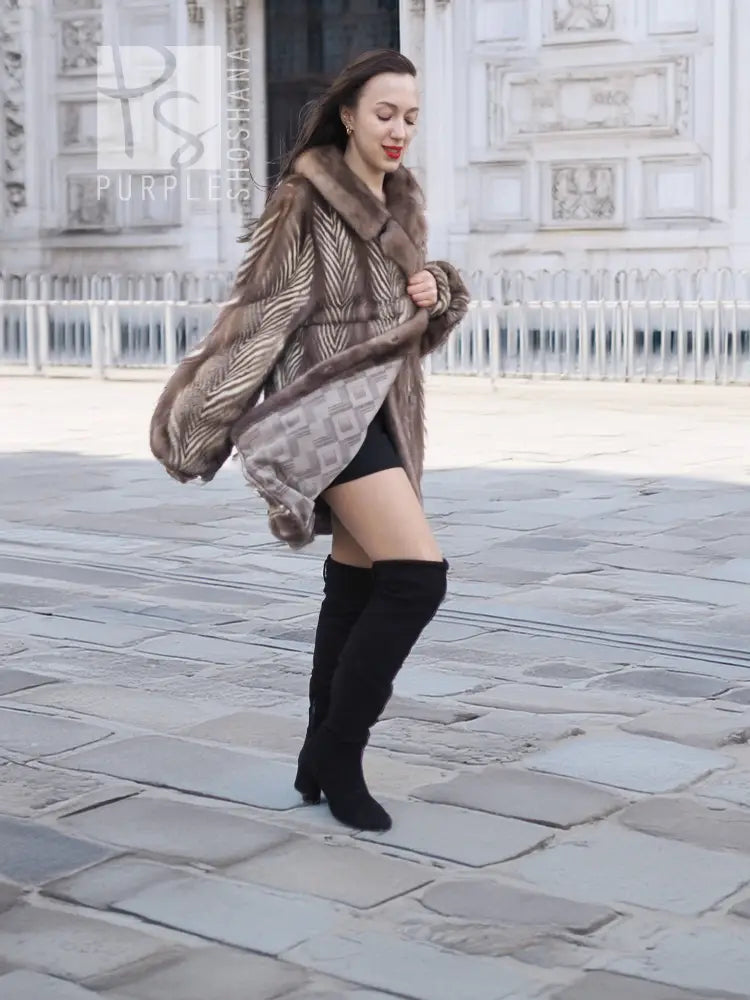Brown herringbone mink jacket with fur collar and long sleeves, front view