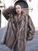 Mink fur jacket with herringbone chevron pattern and raised collar, taupe