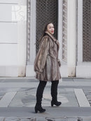 Mink fur jacket with herringbone texture and wide collar, open front