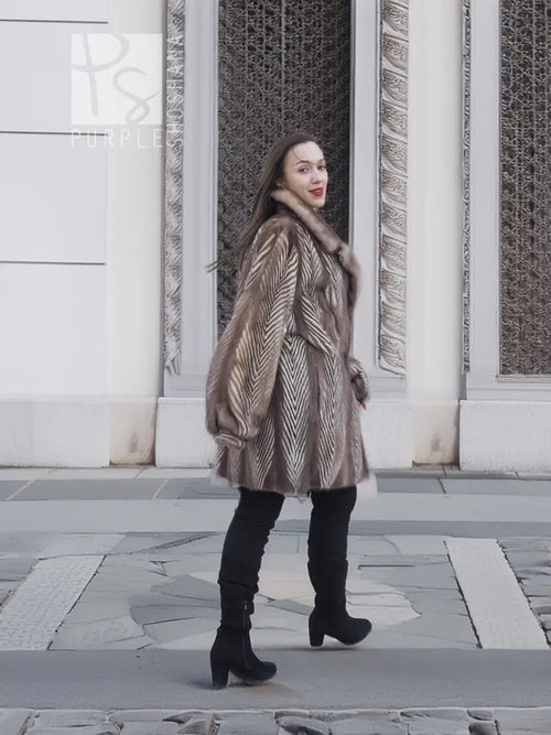 Mink fur jacket with herringbone texture and wide collar, open front