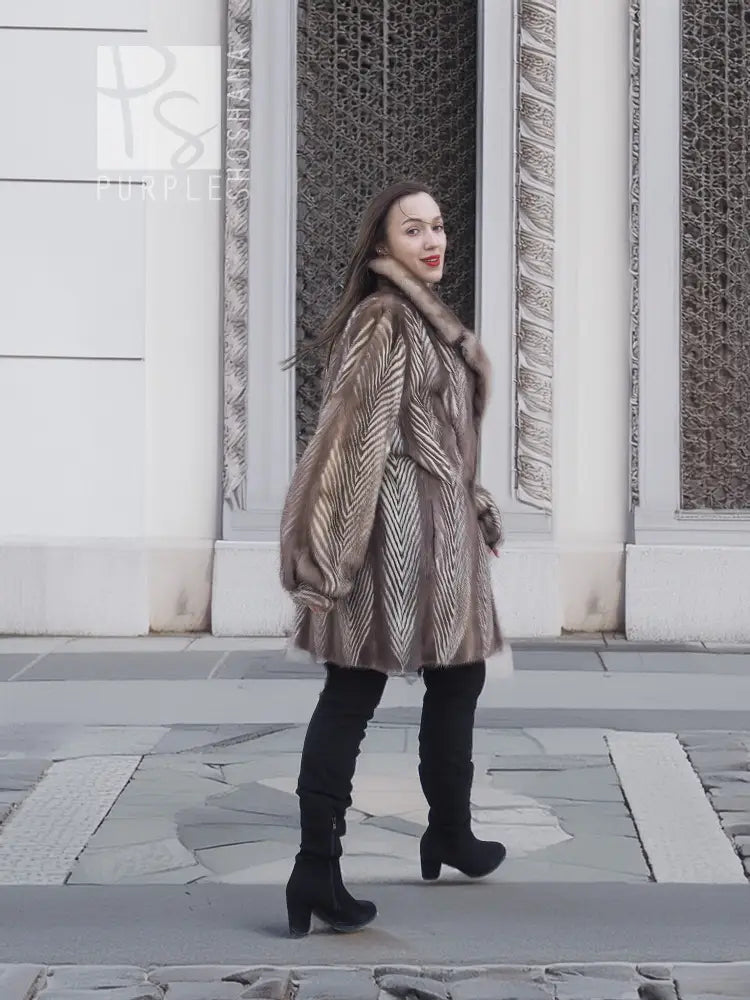 Mink fur jacket with herringbone texture and wide collar, open front