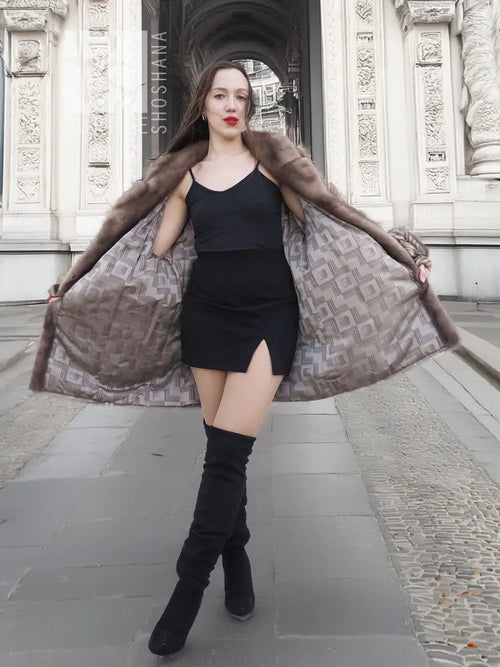 Mink fur herringbone jacket with open front and wide bell sleeves, front view