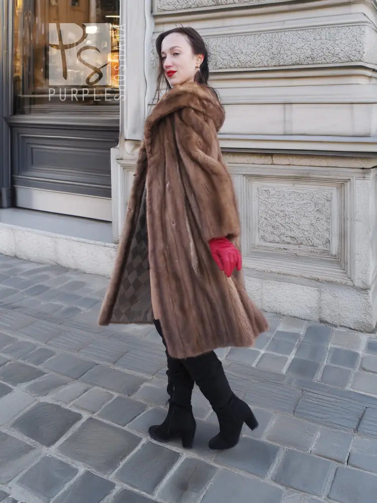 Hooded mink fur coat with long sleeves, mid-calf length, open front, taupe-brown