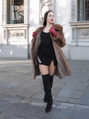 Brown mink fur coat with open collar and buttoned front, long sleeves