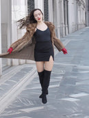 Hooded mink fur coat with long sleeves, mid-calf length, taupe-brown, open front