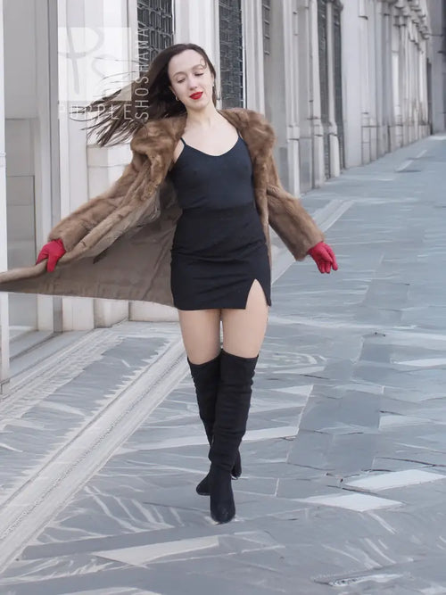 Hooded mink fur coat with long sleeves, mid-calf length, taupe-brown, open front