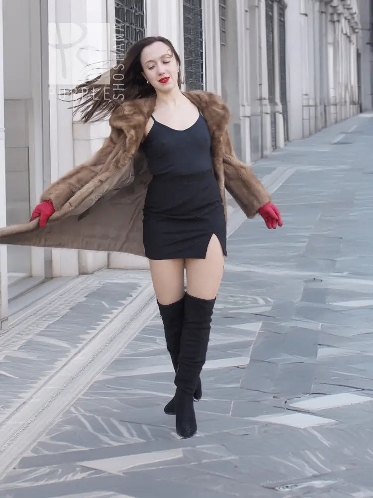 Hooded mink fur coat with long sleeves, mid-calf length, taupe-brown, open front