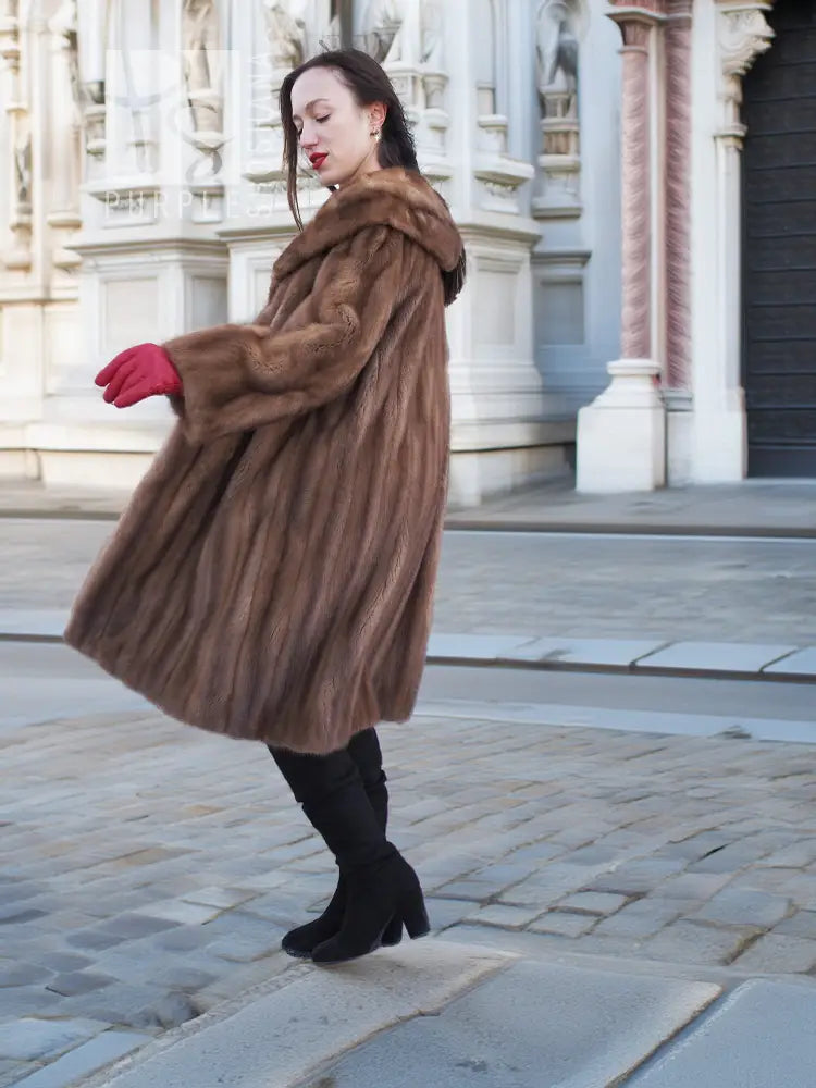 Hooded mink fur coat with draped hood, long sleeves, mid-calf length, taupe-brown