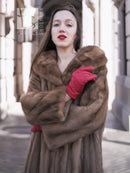 Hooded mink fur coat with long sleeves, mid-calf length, open front, taupe-brown
