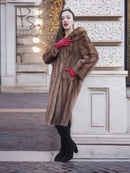 Brown mink fur coat, long swing style with wide collar and full sleeves