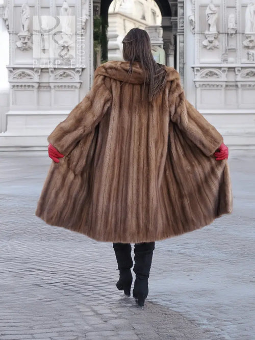 Hooded mink fur coat, back view, long sleeves, mid-calf length, taupe-brown