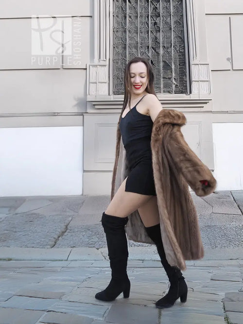 Hooded mink fur coat with open front, long sleeves, mid-calf length, taupe-brown