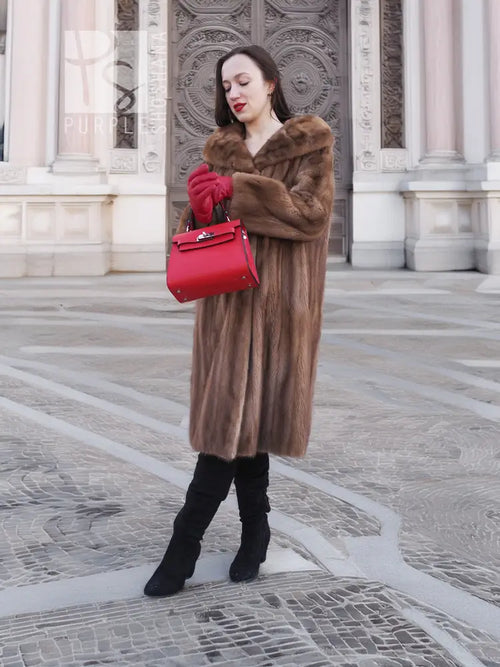 Brown long fur coat with hooded collar and straight, mid-calf length hem