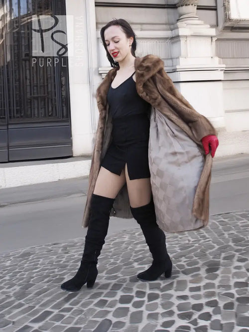 Hooded mink fur coat, side profile, long sleeves, mid-calf length, taupe-brown