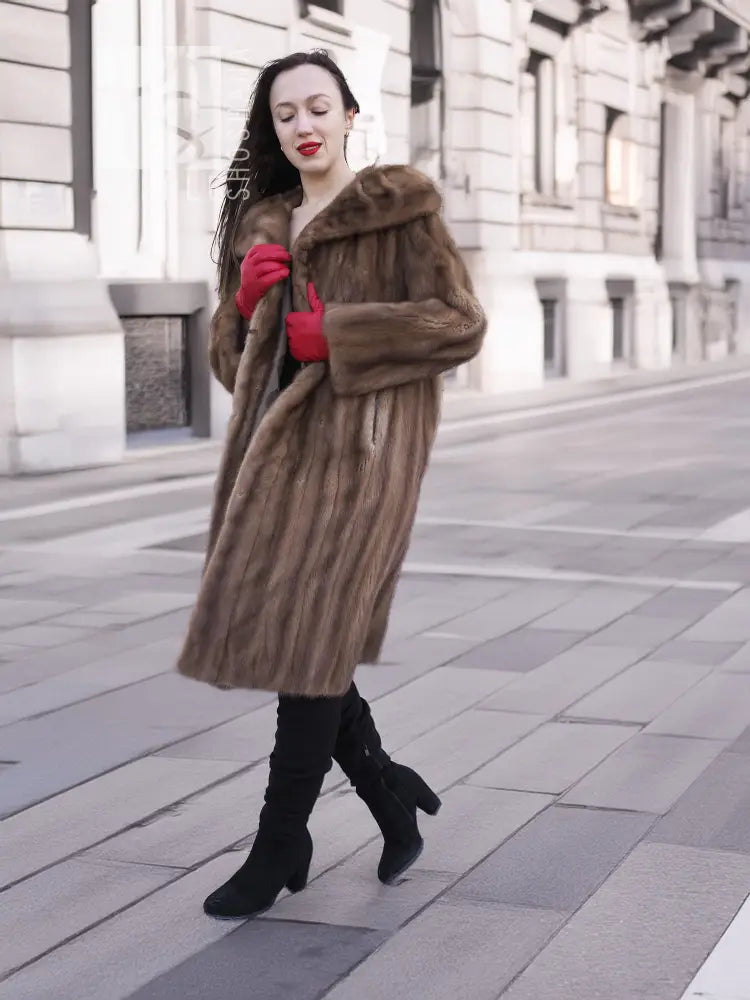 Brown mink fur coat, long length with wide collar and belted waist detail