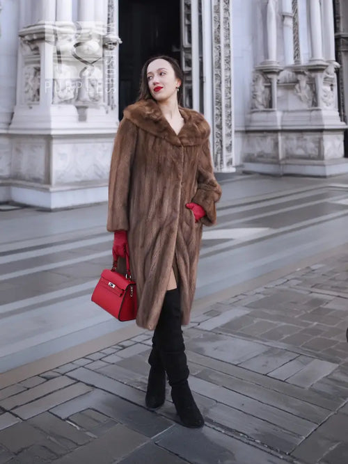 Hooded mink fur coat, long sleeves, mid-calf length, taupe-brown, relaxed fit