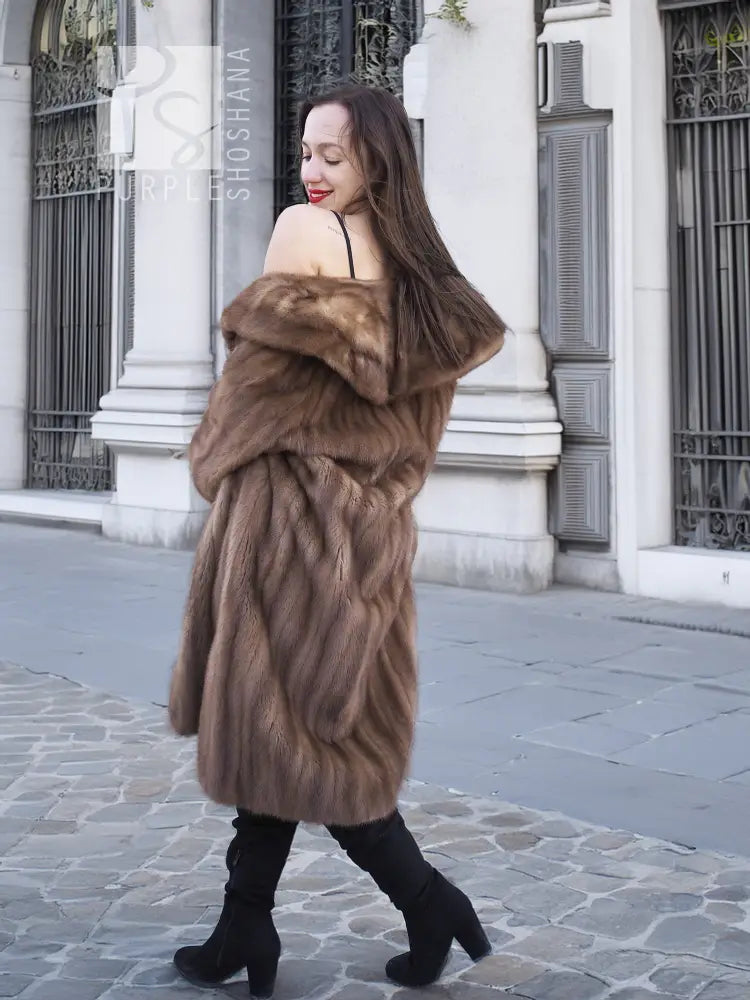 Brown vintage fur coat with hooded collar and front open placket