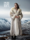 Long fur parka with wide fur collar and fur-lined hood, light beige