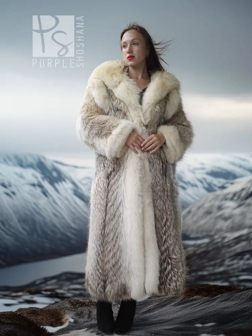 Long fur parka with wide fur collar and fur-lined hood, light beige