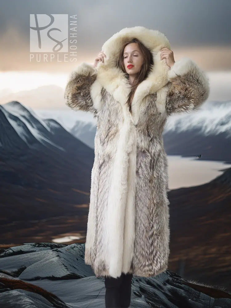 Light beige fur parka with raised fur-lined hood and cropped front view