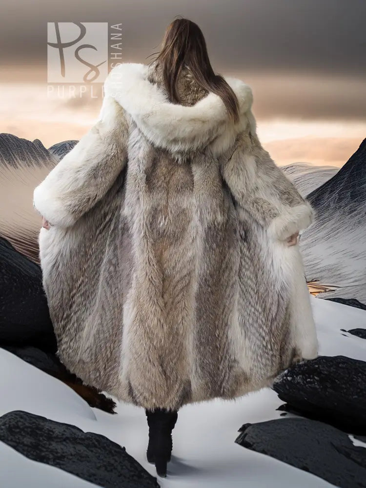 Full-length fur parka viewed from back, oversized fur hood and long flared coat.