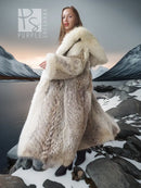 Full-length fur parka with fur-lined hood and wide mid-length collar, cream and tan.