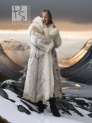 Full-length fur parka with large fur-lined hood and dark fur cuffs, winter styling.