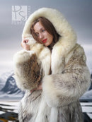 Coyote parka hood with plush cream and brown fur trim, close-up detail.