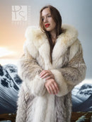 Fur-lined hood parka front, cream and tan shaggy faux fur, open neckline