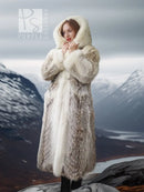 Fur parka with dramatic hood, light beige coat with soft textured sleeves
