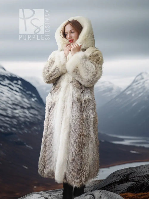 Fur parka with dramatic hood, light beige coat with soft textured sleeves