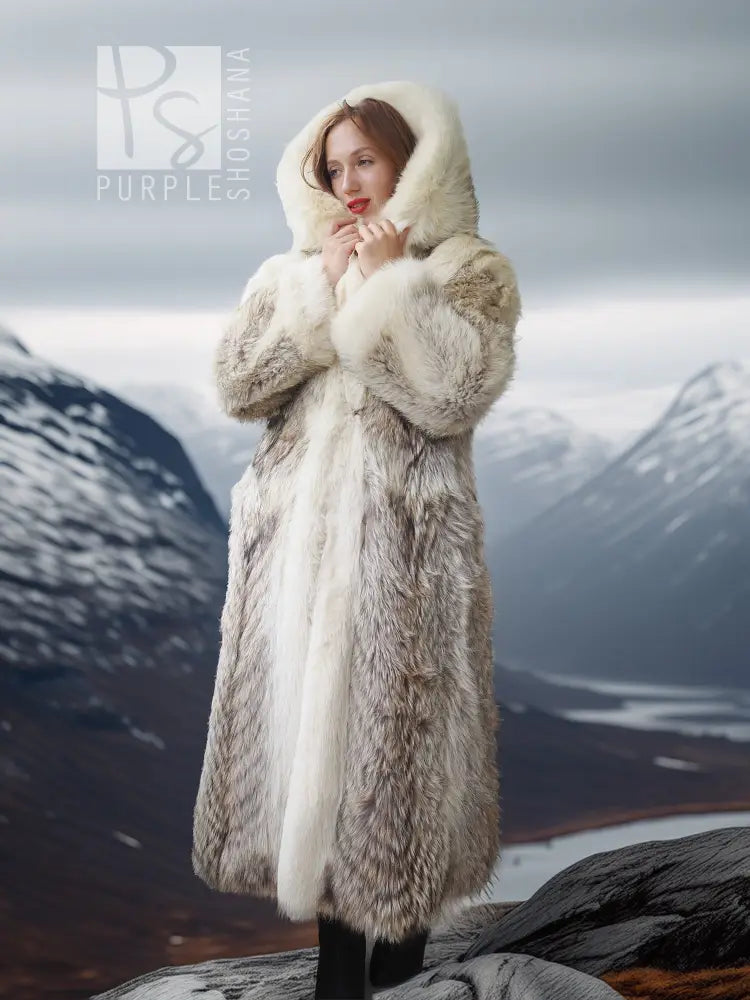 Fur parka with dramatic hood, light beige coat with soft textured sleeves