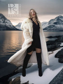 Long fur parka with open front and fur-lined hood, light beige