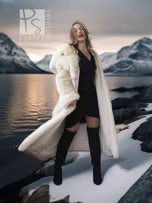 Long fur parka with open front and fur-lined hood, light beige