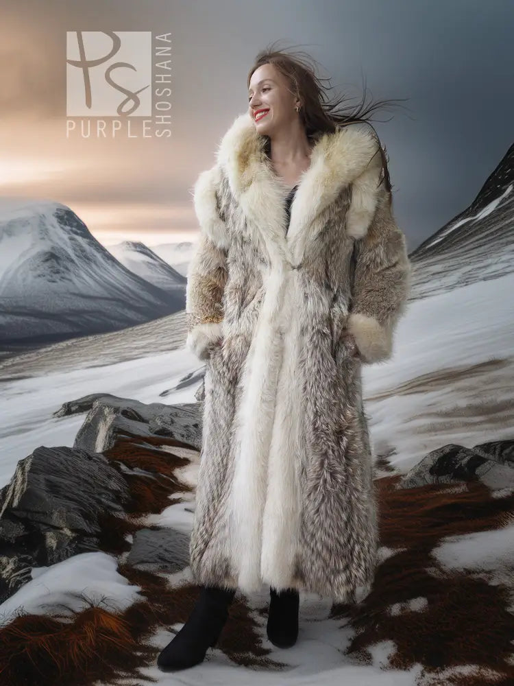 Full-length fur parka with oversized fur-lined hood and long open-front silhouette.