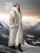 Full-length light beige fur parka with fur-lined hood and side profile