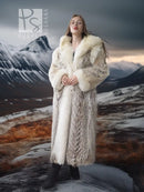 Full-length fur parka with dramatic fur-lined hood, cream and tan
