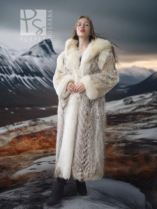 Full-length fur parka with dramatic fur-lined hood, cream and tan
